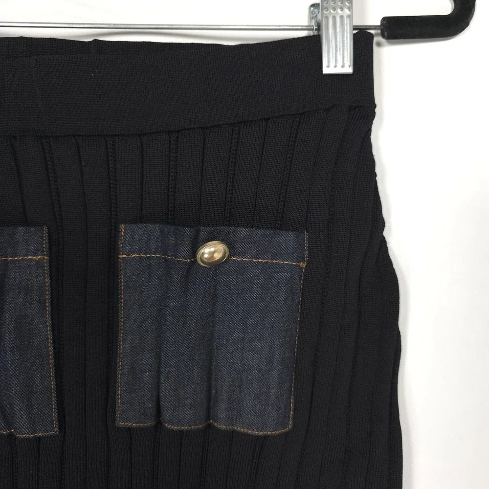 ANTHROPOLOGIE MAEVE Women's New SMALL Denim Pocket Knit Mini Skirt Black 4120
